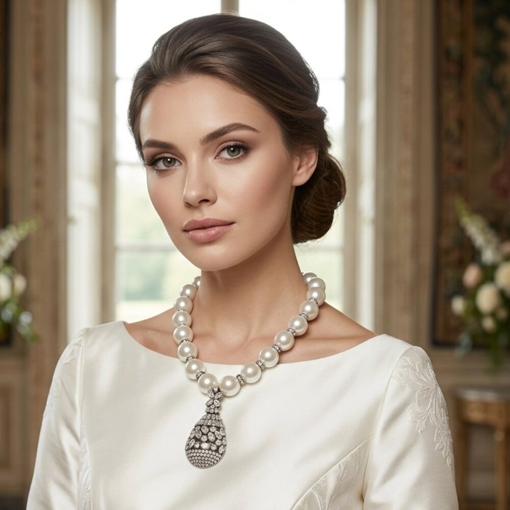 ALI KHAN princess pearls statement neck with crystal encrusted teardrop …